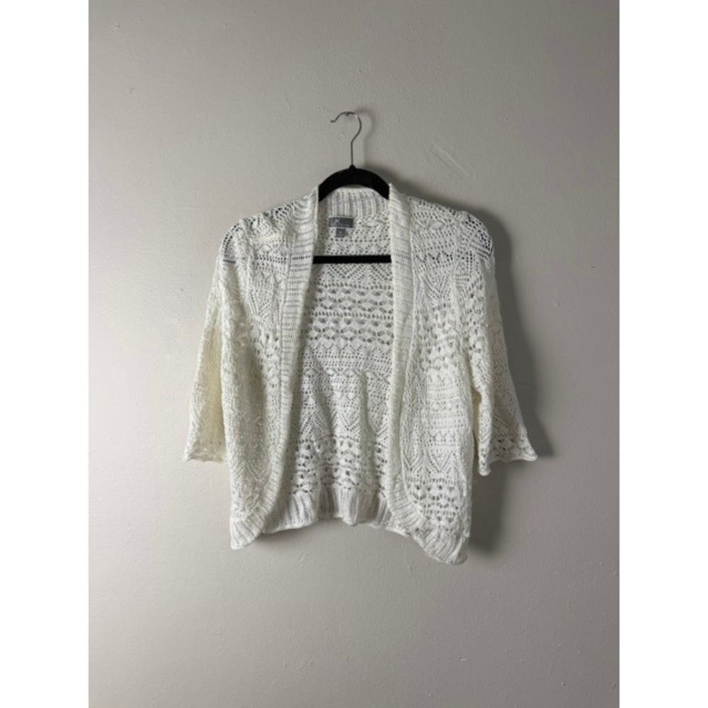JM Collection Womens White Crochet Knit Open Front Cardigan Sweater Size Medium
